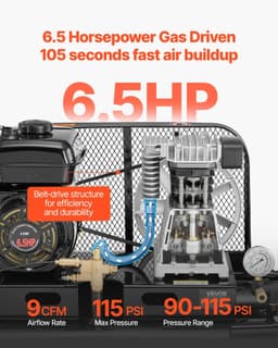 image-VEVOR 9 Gallon Twin-Tank Gas Powered Air Compressor, 6.5HP 9CFM Gas Driven Air Compressor Tank on Wheel, Max 115PSI Piston Pump Air-Compressed System for Tire Inflation, Auto Repairs, Spray Painting