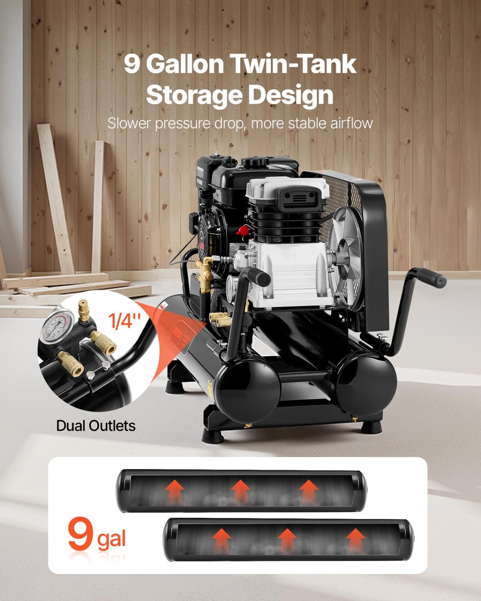 image-VEVOR 9 Gallon Twin-Tank Gas Powered Air Compressor, 6.5HP 9CFM Gas Driven Air Compressor Tank on Wheel, Max 115PSI Piston Pump Air-Compressed System for Tire Inflation, Auto Repairs, Spray Painting