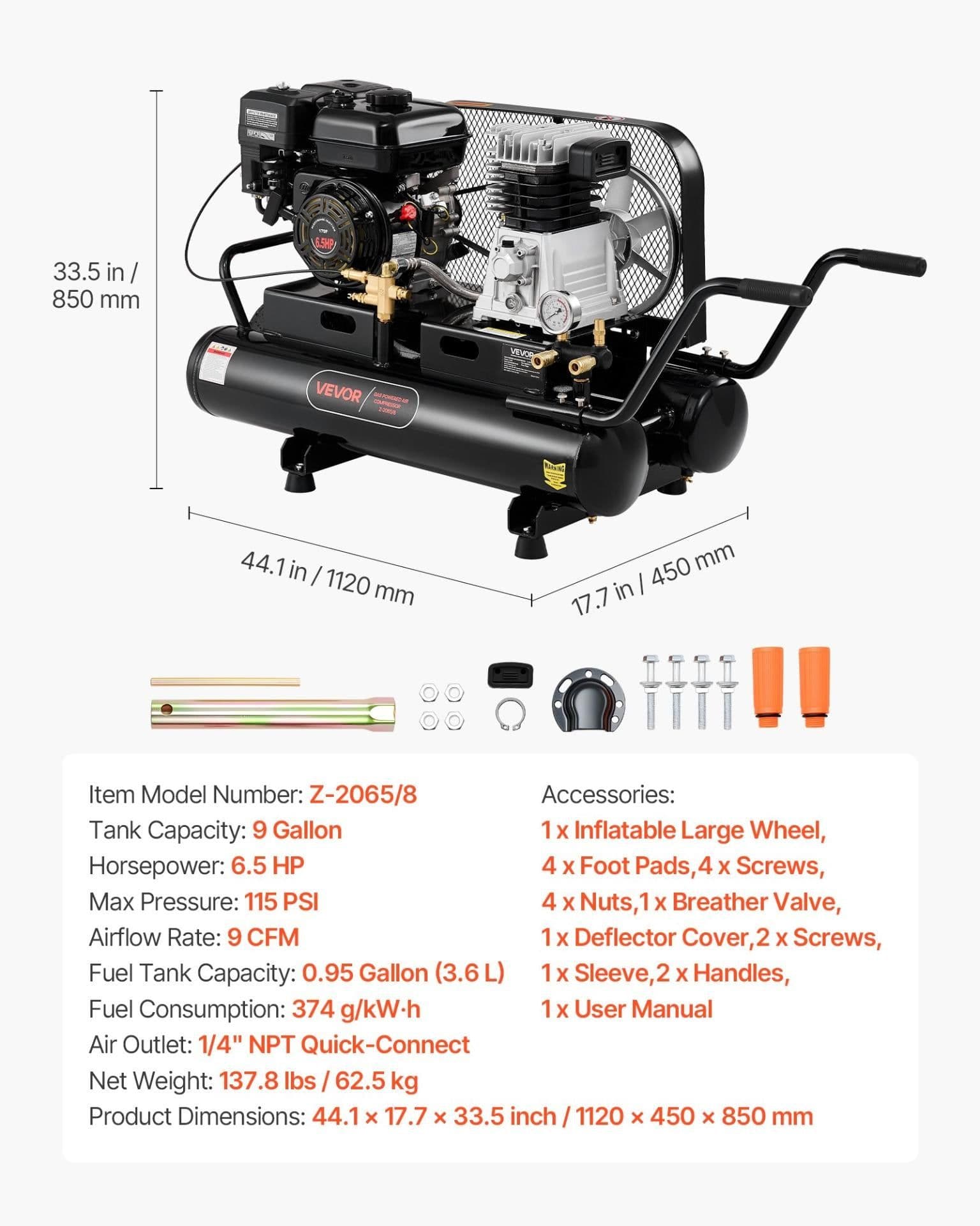 image-VEVOR 9 Gallon Twin-Tank Gas Powered Air Compressor, 6.5HP 9CFM Gas Driven Air Compressor Tank on Wheel, Max 115PSI Piston Pump Air-Compressed System for Tire Inflation, Auto Repairs, Spray Painting