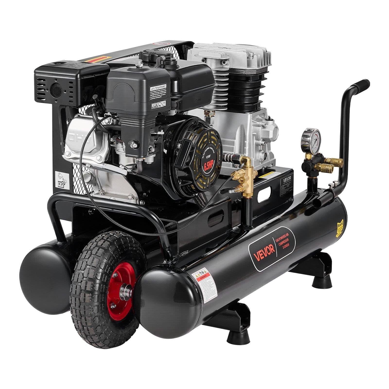 image-VEVOR 9 Gallon Twin-Tank Gas Powered Air Compressor, 6.5HP 9CFM Gas Driven Air Compressor Tank on Wheel, Max 115PSI Piston Pump Air-Compressed System for Tire Inflation, Auto Repairs, Spray Painting