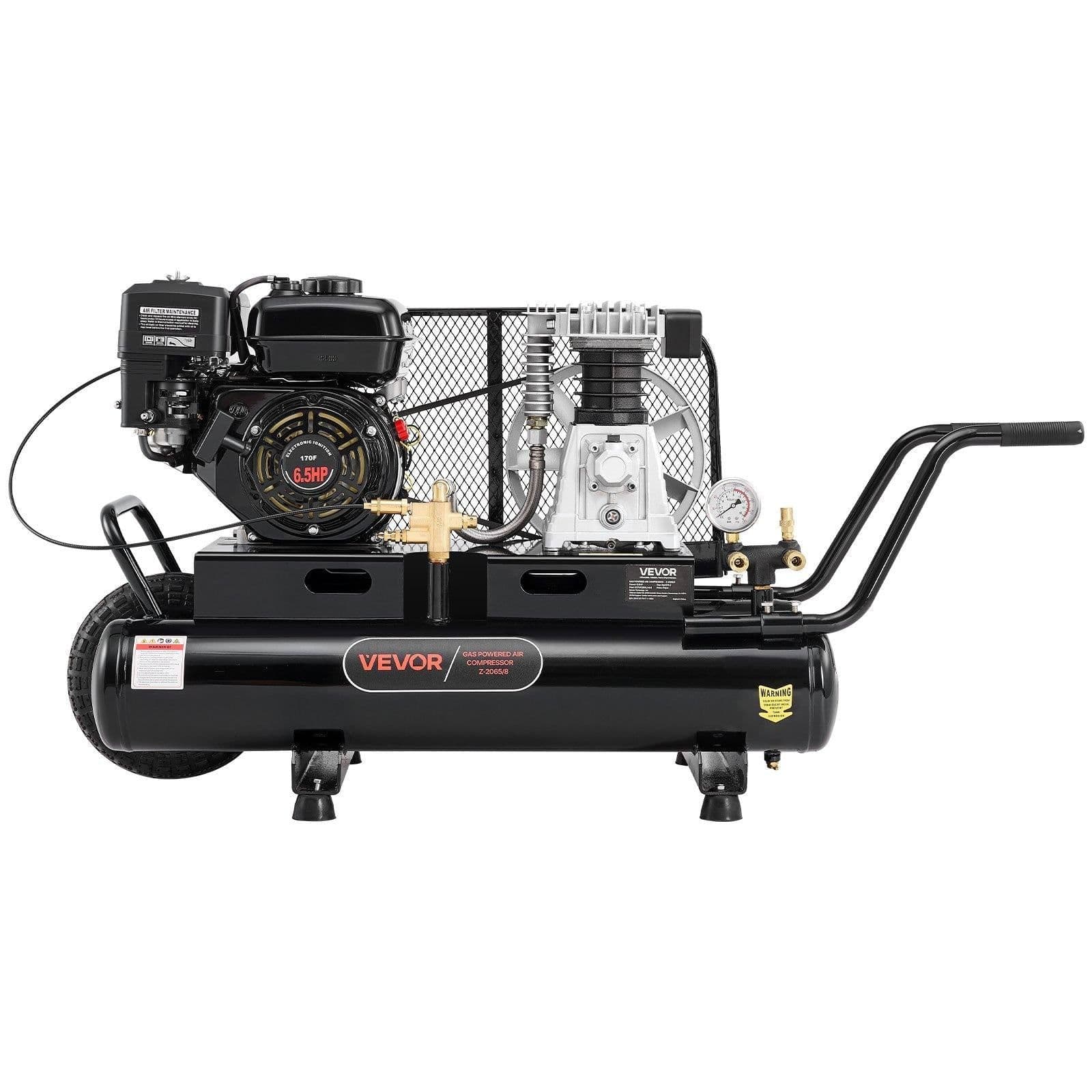 image-VEVOR 9 Gallon Twin-Tank Gas Powered Air Compressor, 6.5HP 9CFM Gas Driven Air Compressor Tank on Wheel, Max 115PSI Piston Pump Air-Compressed System for Tire Inflation, Auto Repairs, Spray Painting