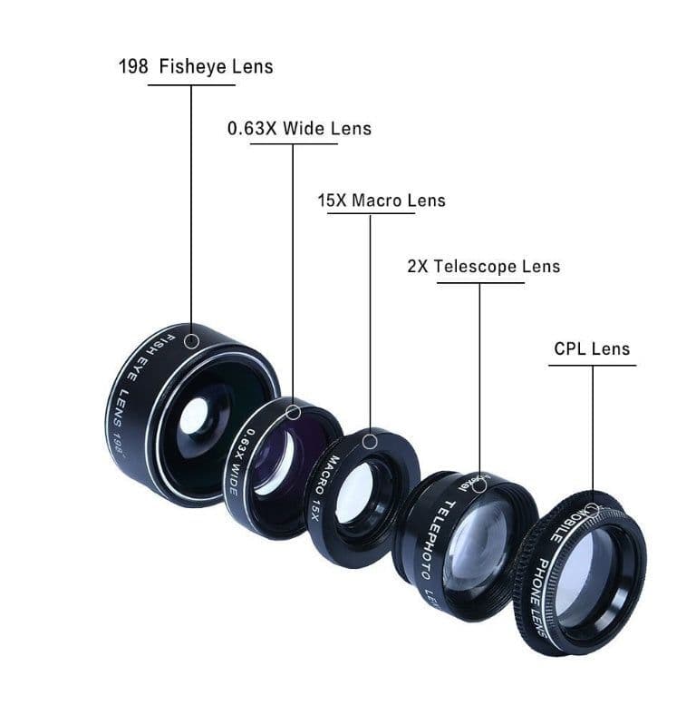image-Compatible with Apple, Universal 5 in 1 Clip-On Cell Phone Lens Kit Fisheye Wide Angel Macro Telephoto CPL Lens for iPhone for Xiaomi for Huawei
