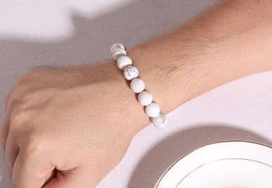image-Natural Stone Beads Black Lava Rock Stone White Stretch Charm Strand Bracelet