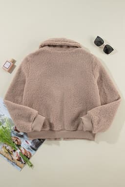 image-French Fuzzy Zipper Winter Jacket, Beige, Pocketed, Winter Wear (65 characters)