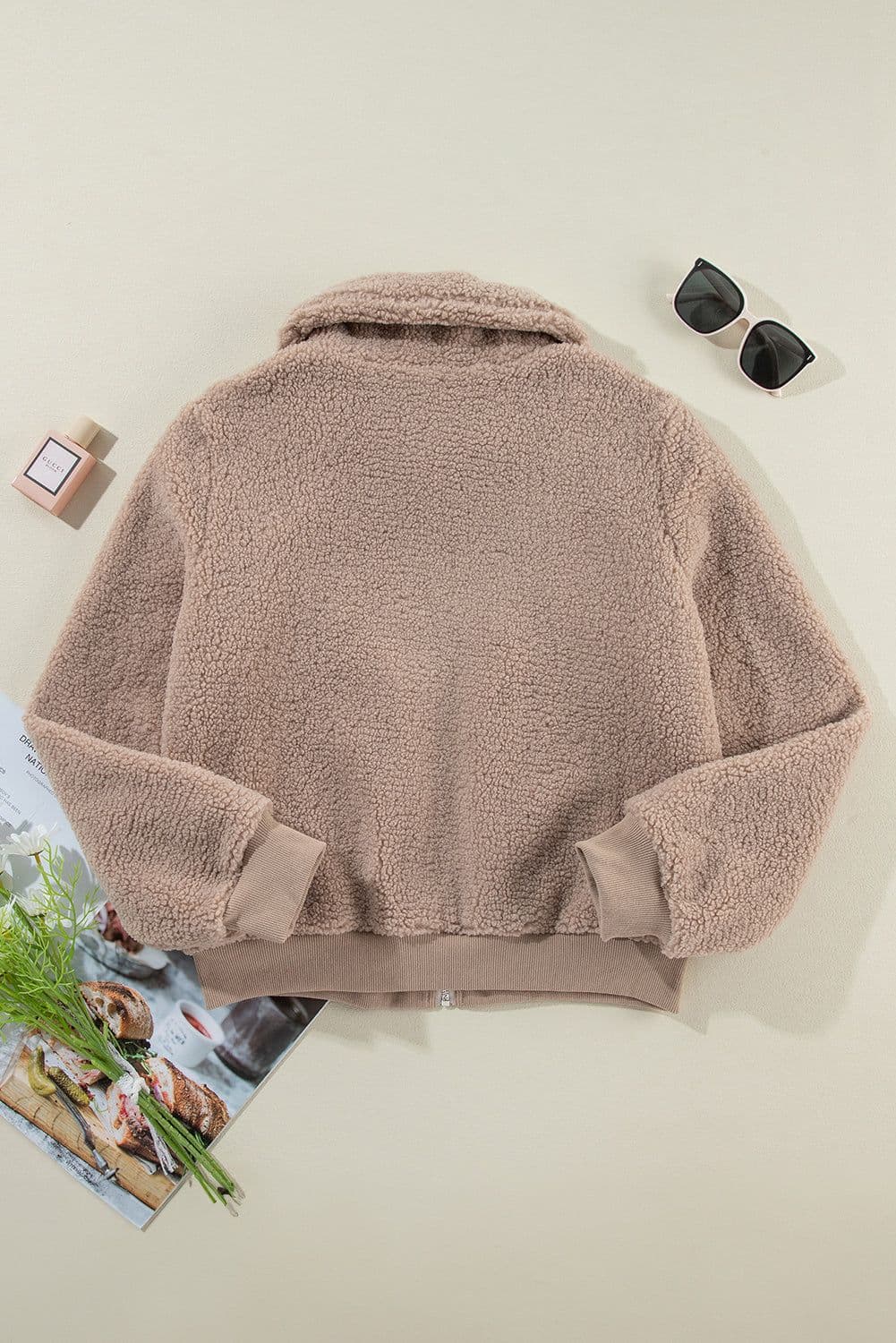 image-French Fuzzy Zipper Winter Jacket, Beige, Pocketed, Winter Wear (65 characters)