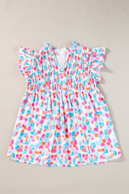 image-Sky Blue Abstract Printed Ruffled Blouse - Shirred Yoke Design