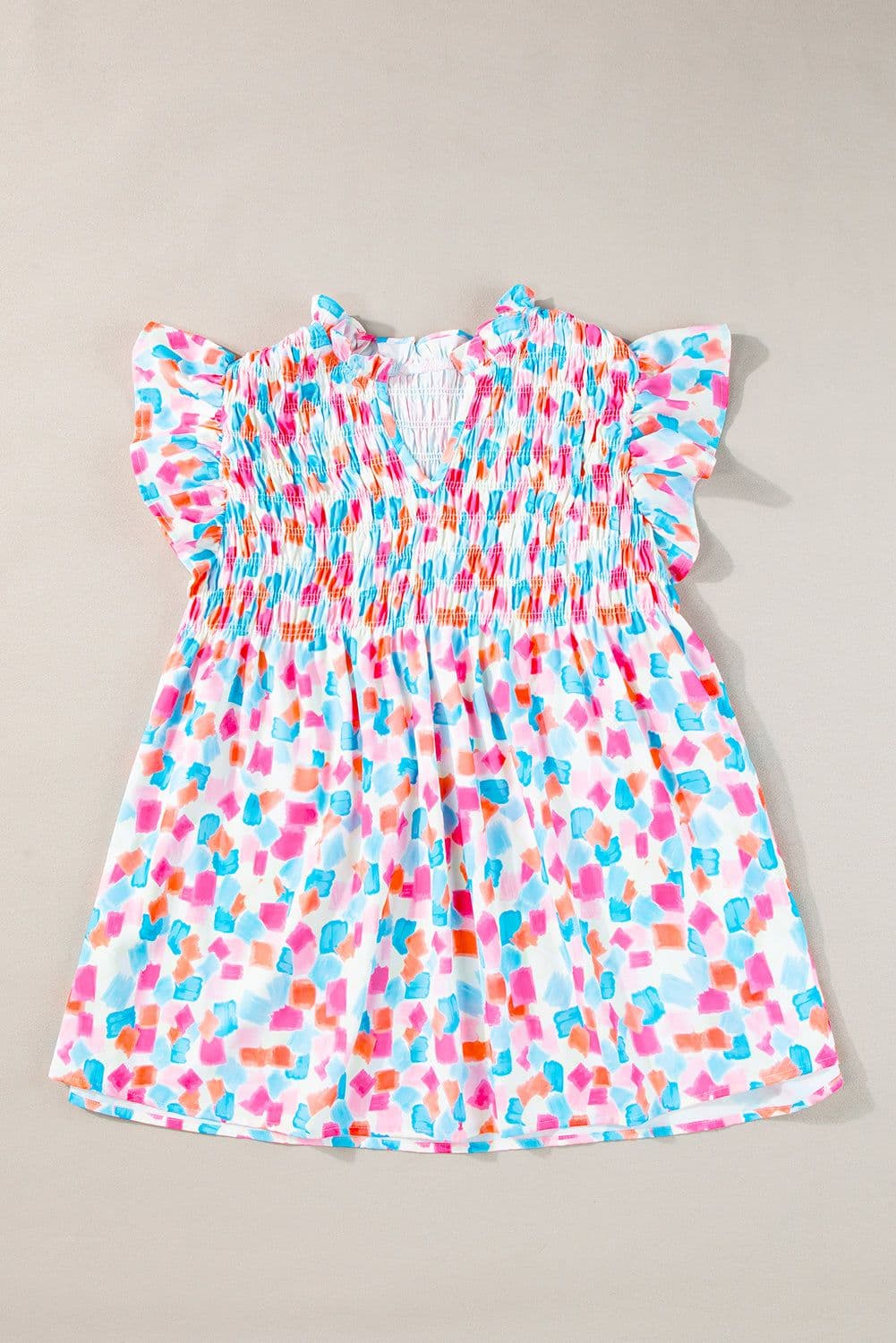 image-Sky Blue Abstract Printed Ruffled Blouse - Shirred Yoke Design