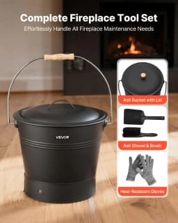 image-VEVOR Ash Bucket, 4 PCS with Lid, Shovel, Broom and Gloves, Metal Fireplace Charcoal Bucket and Ash Can, 2.6 GAL Large Capacity for Fireplace, Fire Pits, Wood Burning Stoves, Indoor and Outdoor
