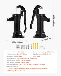 image-VEVOR Well Hand Pitcher Pump, 25 ft Maximum Lift, Antique Cast Iron Manual Hand Water Pump, NPT 1-1/4 in Connection, Easy Installation, Old Fashioned for Outdoor Garden, Pond, Backyard, Farm, Black