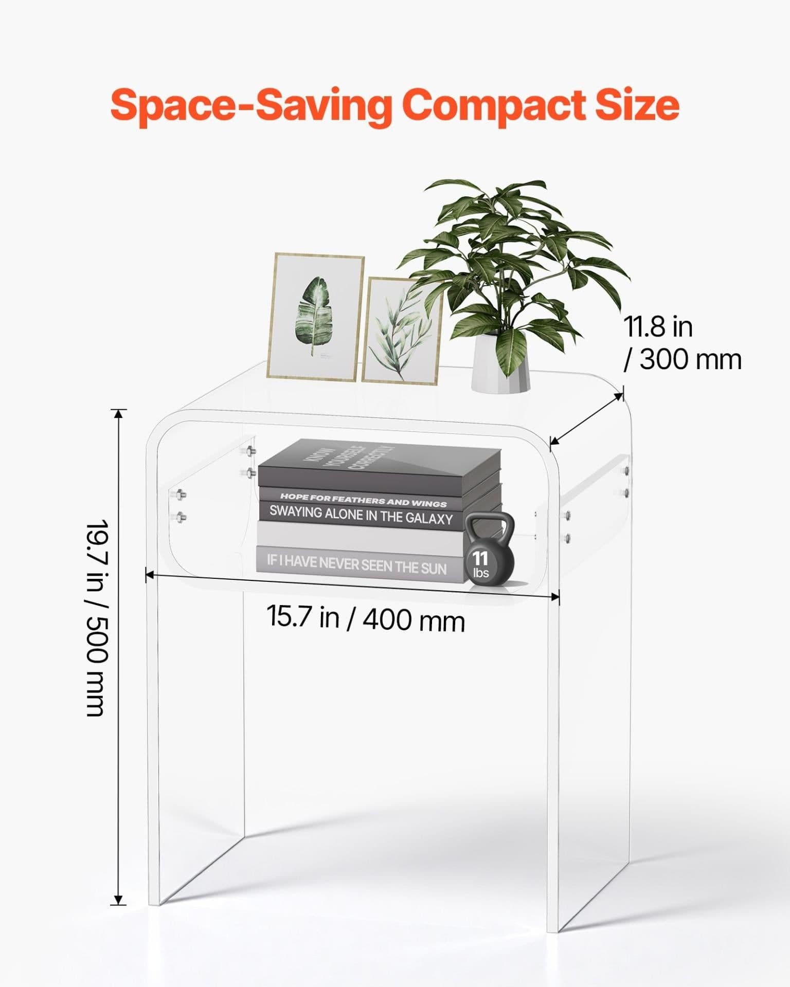image-VEVOR Acrylic Side Table, 2 Tiers Clear Bedside Table with Storage Shelf, Modern Rectangle Acrylic End Desk, Transparent Thick Nightstand for Bedroom, Living Room, Study, 11.8 x 15.7 x 19.7 in (Clear)