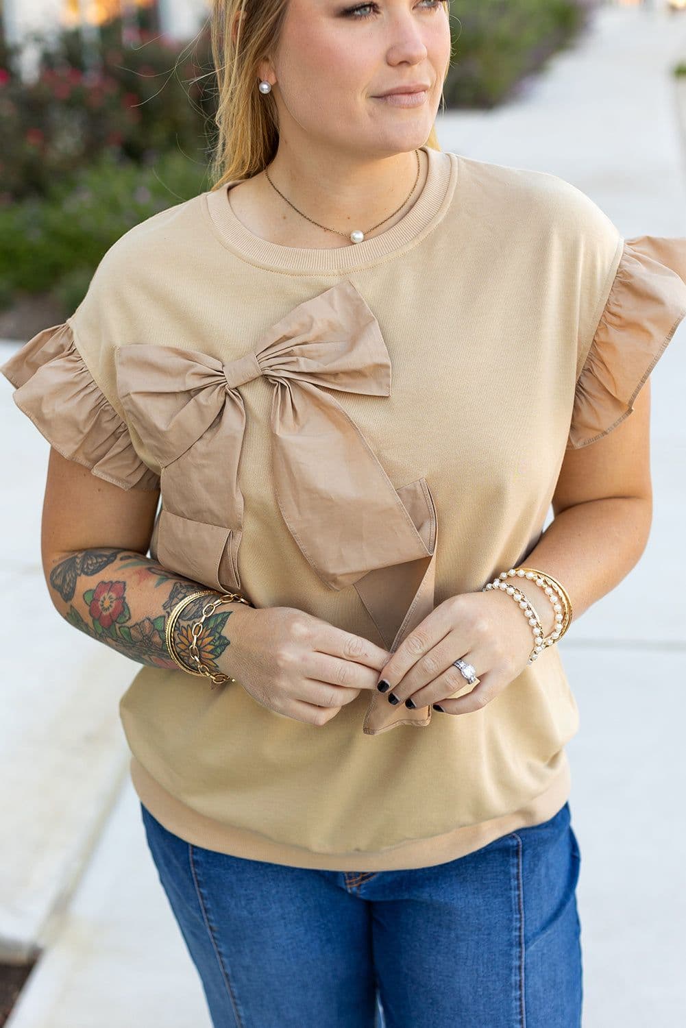 image-Plus Size Ruffled Bowknot Top - Short Sleeve - Plus Size