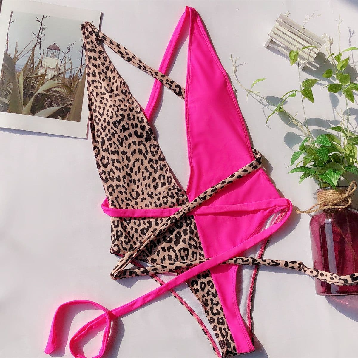 image-Leopard Print One-Piece Swimsuit - Hollow Strap Design