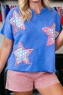image-Sky Blue Patriot Star Patched Notched Neck Mineral Wash Tee