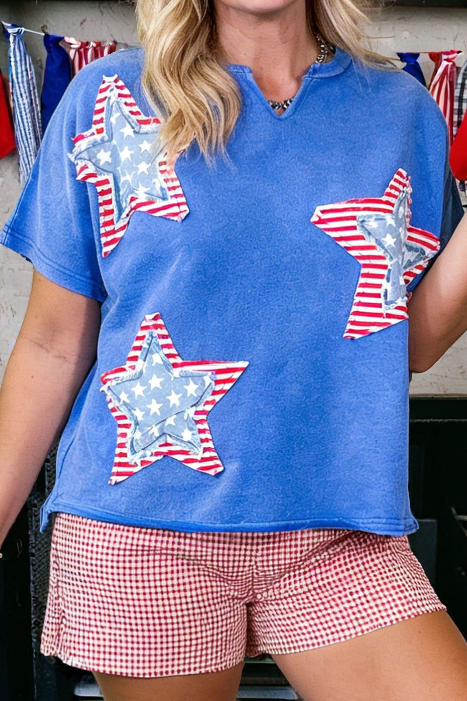 image-Sky Blue Patriot Star Patched Notched Neck Mineral Wash Tee