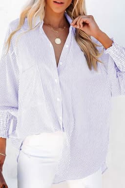 image-Orchid Petal Striped Shirred Cuff Buttoned Loose Fit Shirt