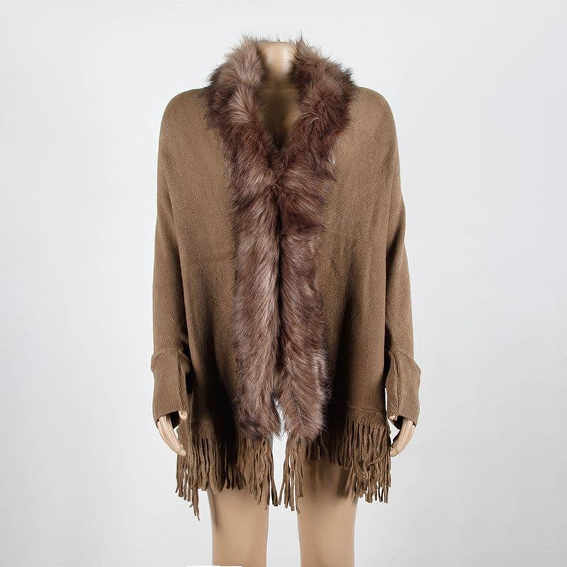 image-MONDORIO Cape Cardigan - Khaki Wool Tassel