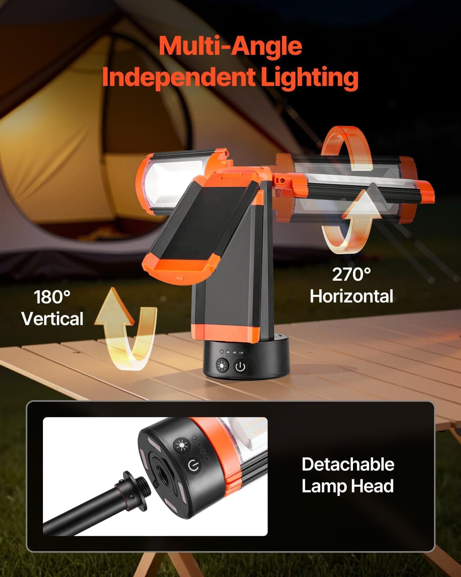 image-VEVOR LED Work Light with Stand, 6Ah, Rechargeable Cordless Camping Light, with 3 Lamp Heads, Detachable Tripod Stand, 2200 Lumens 3000K-6500K Dimmable, Portable Construction Lighting for Job Site