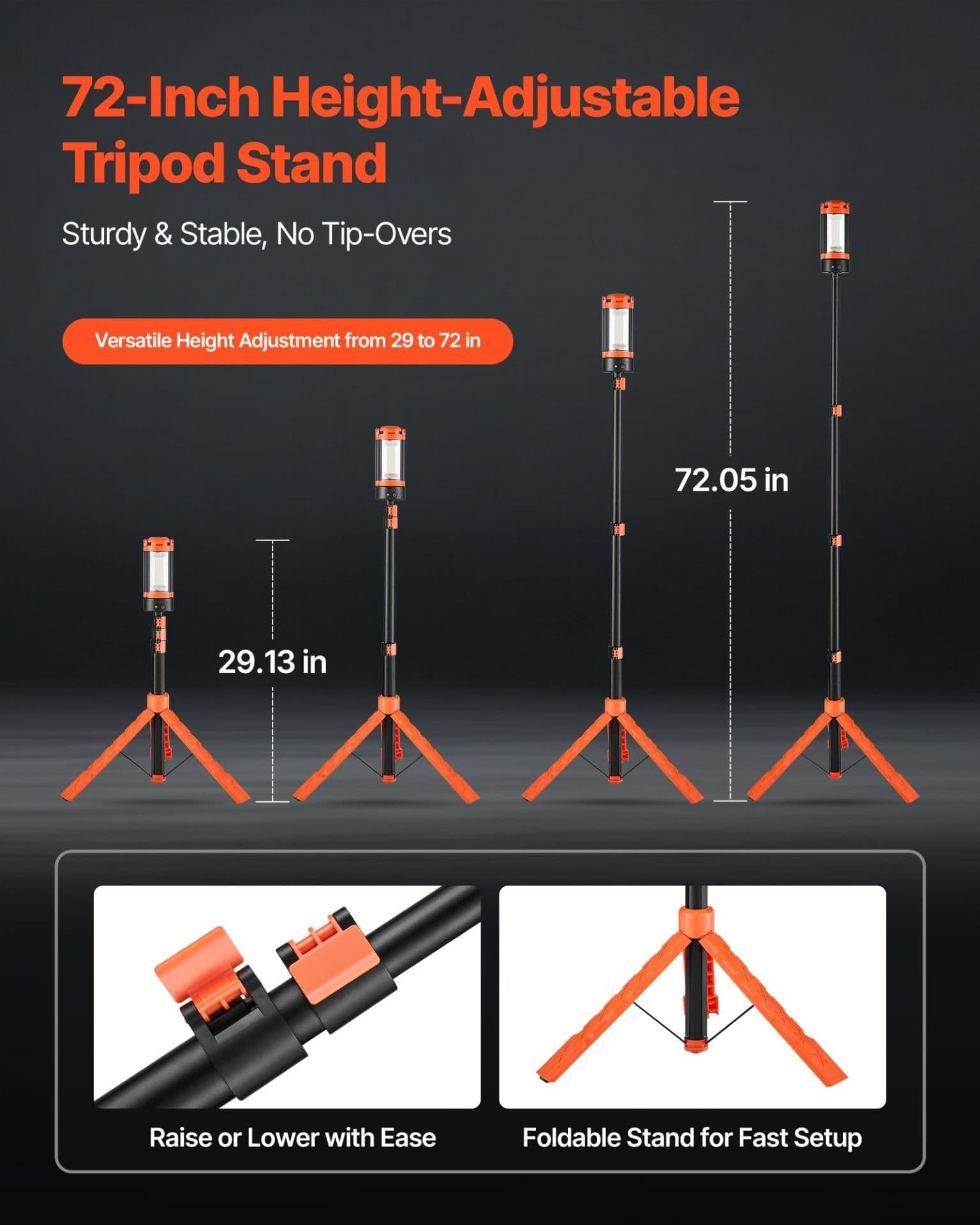 image-VEVOR LED Work Light with Stand, 6Ah, Rechargeable Cordless Camping Light, with 3 Lamp Heads, Detachable Tripod Stand, 2200 Lumens 3000K-6500K Dimmable, Portable Construction Lighting for Job Site