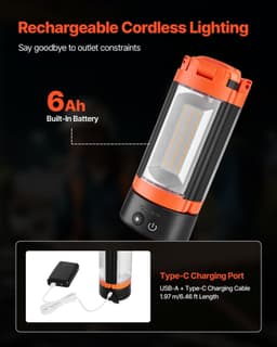 image-VEVOR LED Work Light with Stand, 6Ah, Rechargeable Cordless Camping Light, with 3 Lamp Heads, Detachable Tripod Stand, 2200 Lumens 3000K-6500K Dimmable, Portable Construction Lighting for Job Site