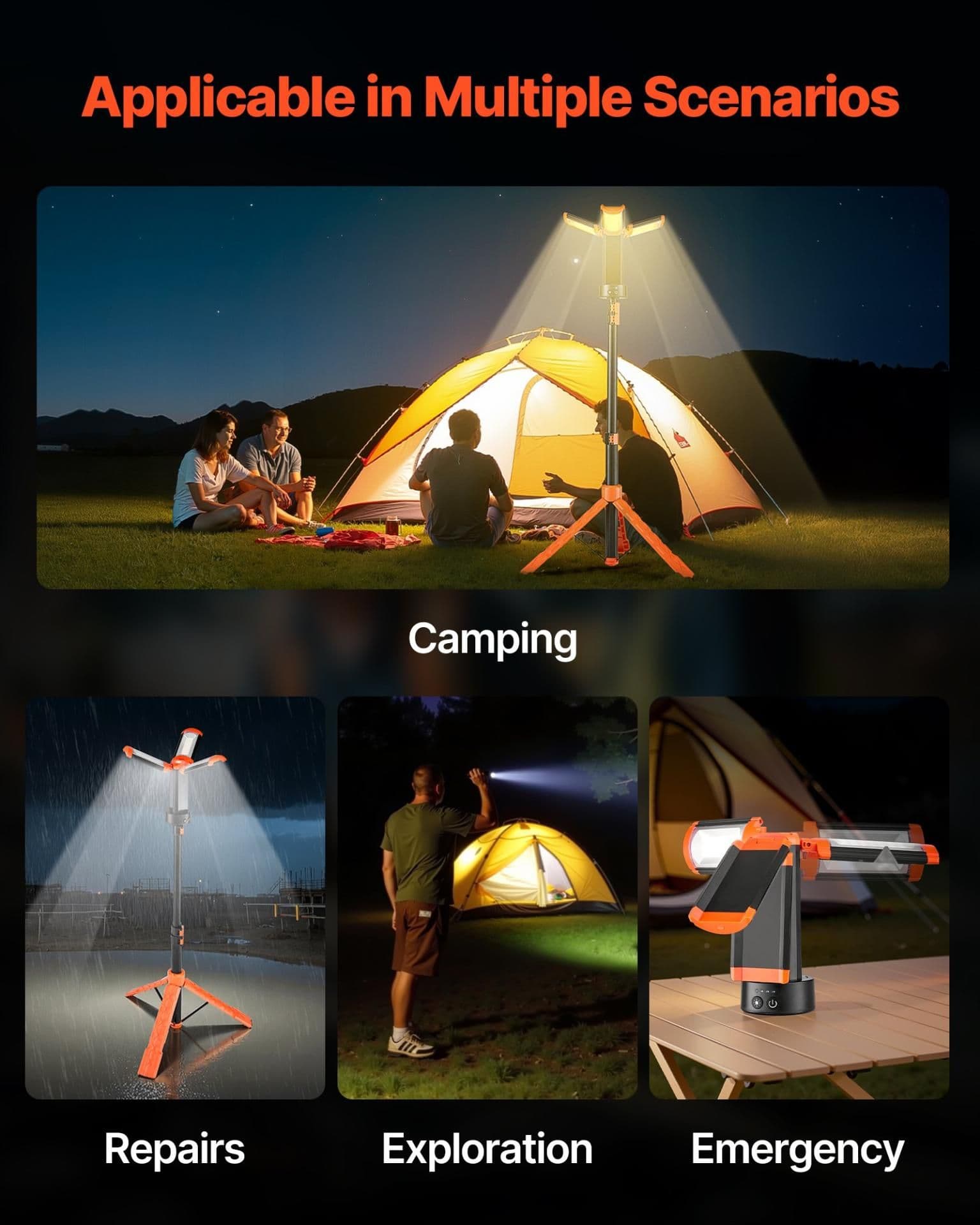 image-VEVOR LED Work Light with Stand, 6Ah, Rechargeable Cordless Camping Light, with 3 Lamp Heads, Detachable Tripod Stand, 2200 Lumens 3000K-6500K Dimmable, Portable Construction Lighting for Job Site