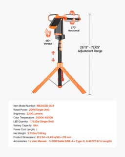 image-VEVOR LED Work Light with Stand, 6Ah, Rechargeable Cordless Camping Light, with 3 Lamp Heads, Detachable Tripod Stand, 2200 Lumens 3000K-6500K Dimmable, Portable Construction Lighting for Job Site