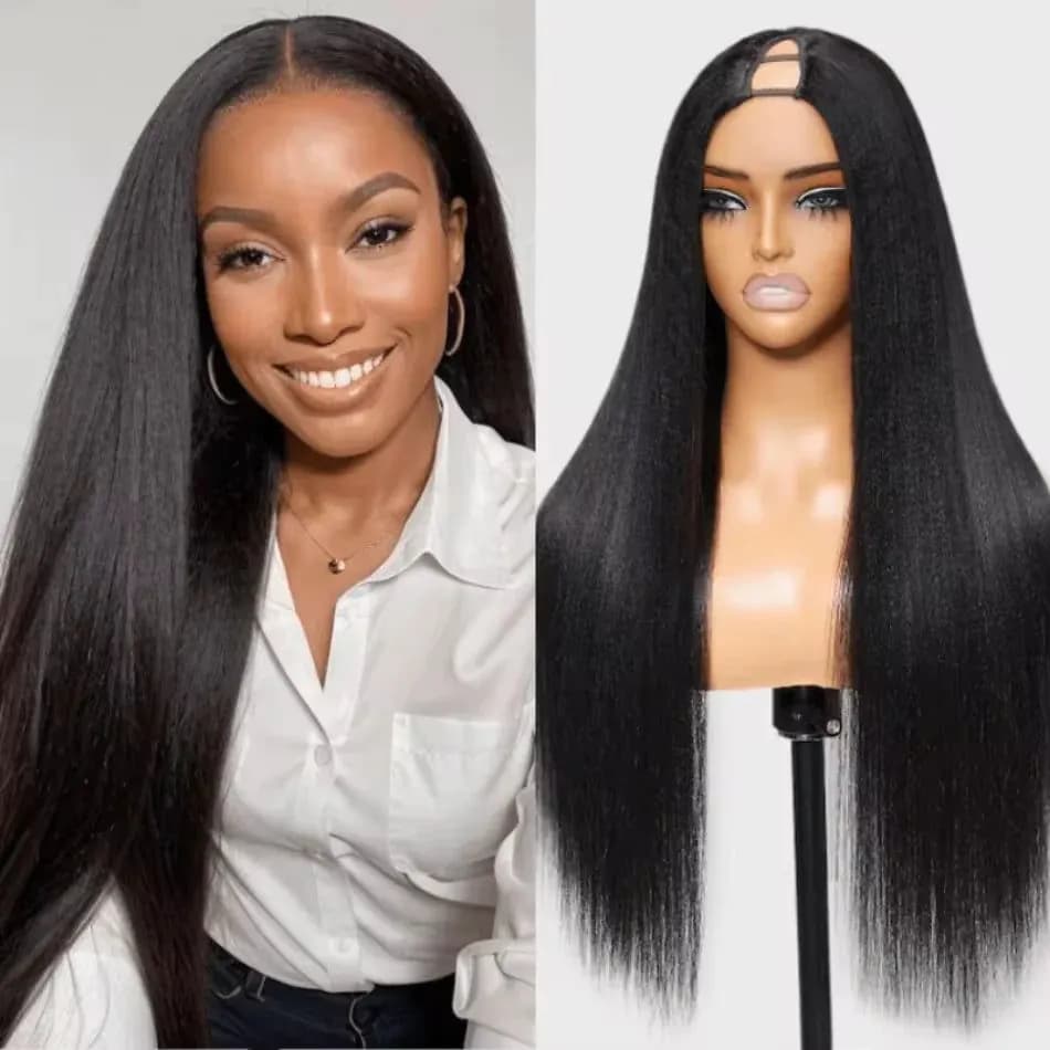 image-V Part Straight Human Hair Wigs For Women 200 Density 16-32 Inches Natural Color Human Hair Wigs