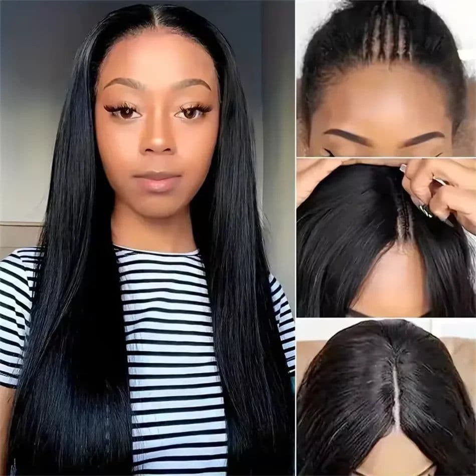 image-V Part Straight Human Hair Wigs For Women 200 Density 16-32 Inches Natural Color Human Hair Wigs