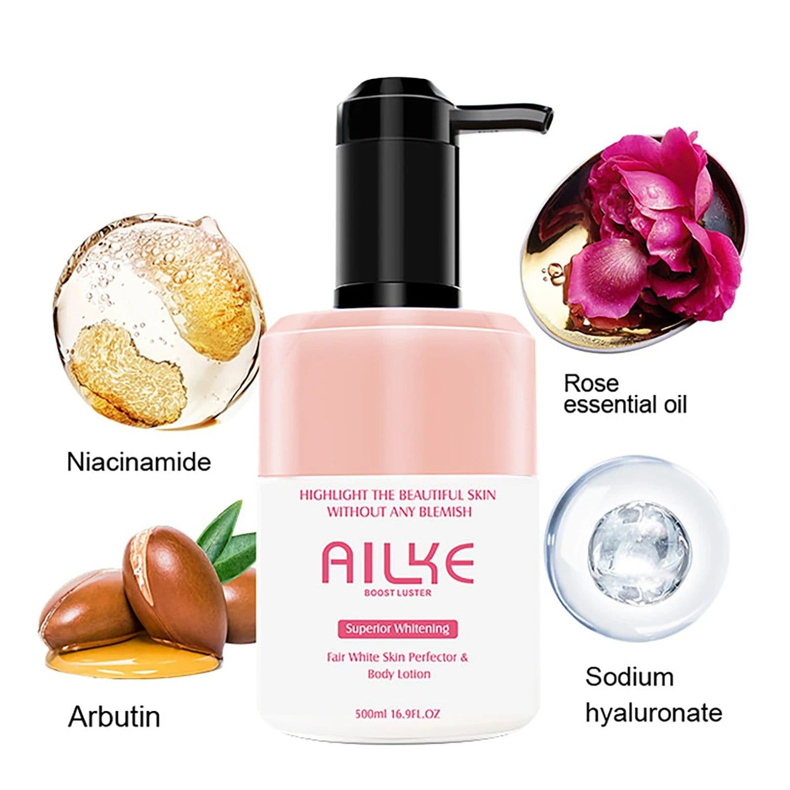 image-AILKE Superior Whitening Body Lotion, Moisturizing, Smooth Skin, Reduce Dark Spots, With Rose Essential Oil, Niacinamide, 500ml