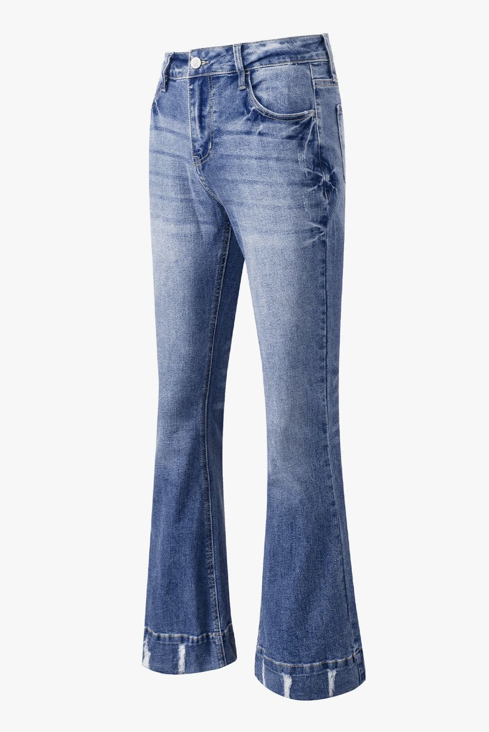 image-Sky Blue Distressed Medium Wash Flare Jeans (65 characters)