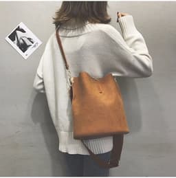 image-PU Bucket Bag Women Grey Large Capacity Shoulder