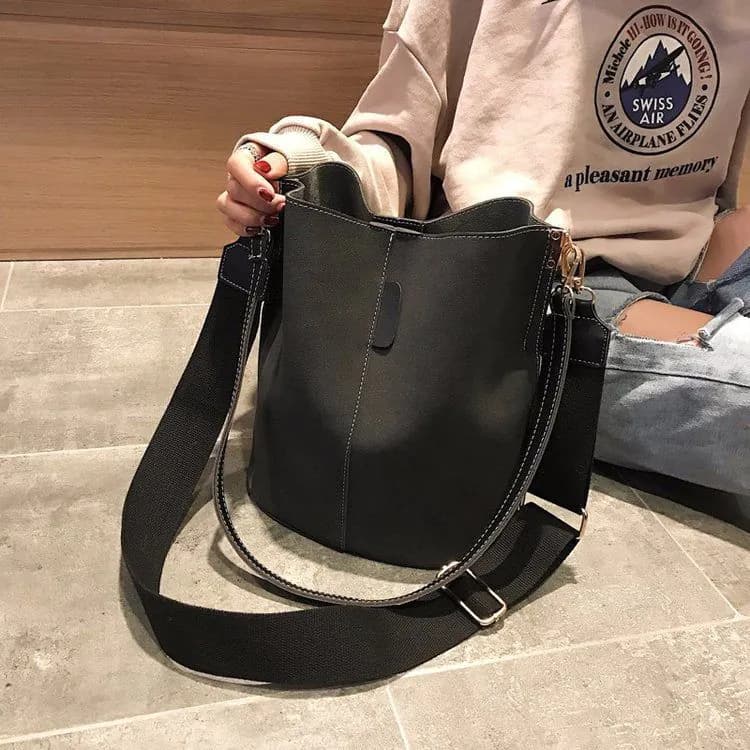 image-PU Bucket Bag Women Grey Large Capacity Shoulder