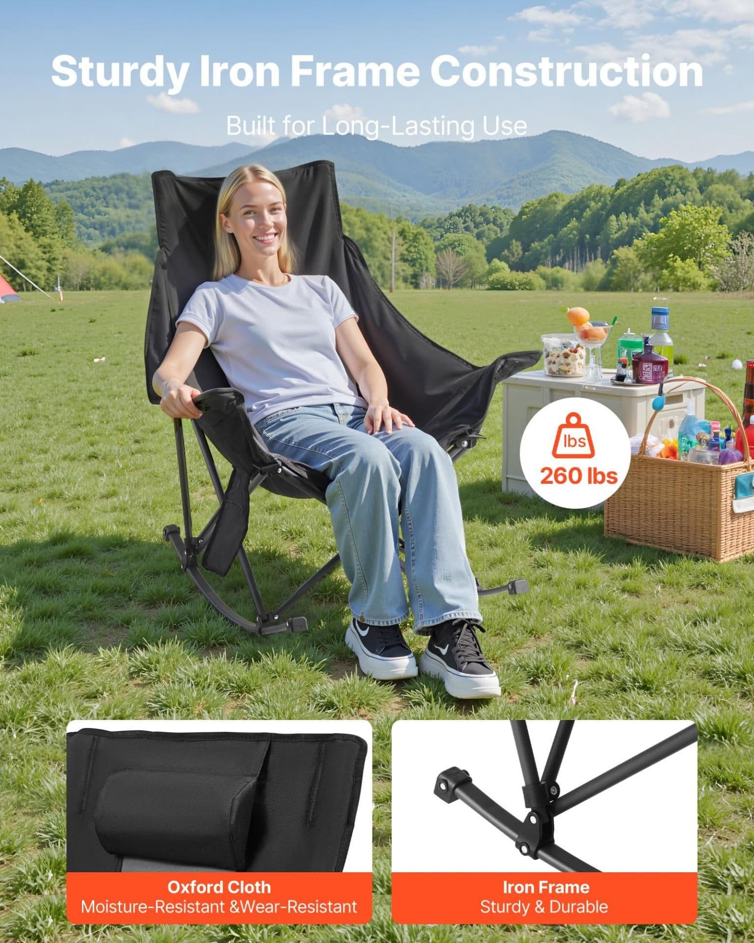 image-VEVOR Chaise à Bascule Pliante de Camping Chauffante, 3 Réglages de Chaleur, Charge 102 kg, avec Poche et Porte-gobelet, Chaise Rembourrée Extérieur Portable pour Jardin, Sports en Plein Air, Voyage