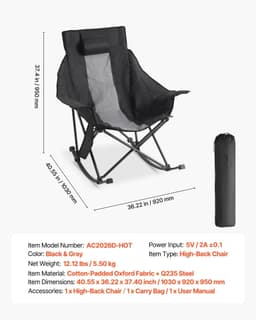 image-VEVOR Chaise à Bascule Pliante de Camping Chauffante, 3 Réglages de Chaleur, Charge 102 kg, avec Poche et Porte-gobelet, Chaise Rembourrée Extérieur Portable pour Jardin, Sports en Plein Air, Voyage