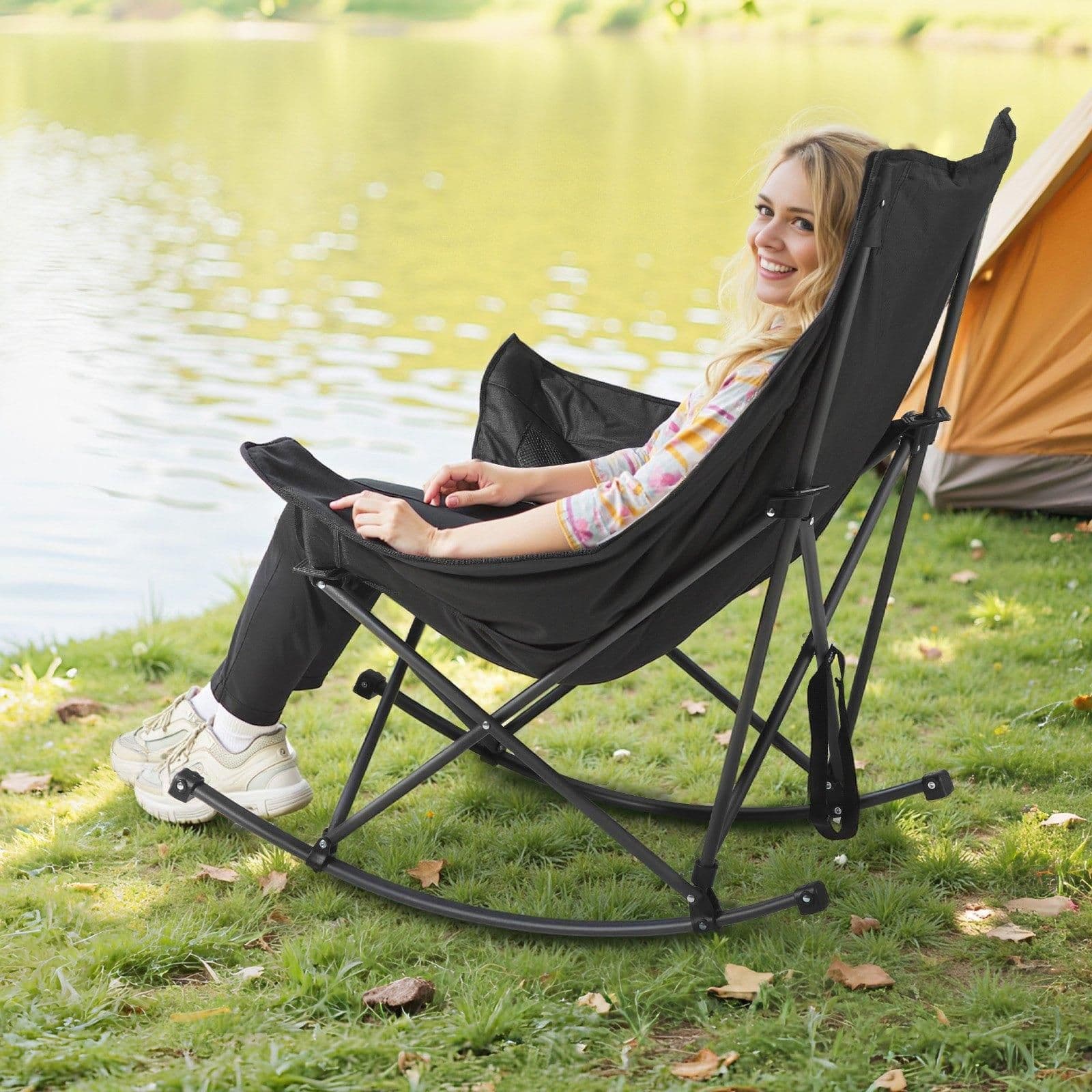 image-VEVOR Chaise à Bascule Pliante de Camping Chauffante, 3 Réglages de Chaleur, Charge 102 kg, avec Poche et Porte-gobelet, Chaise Rembourrée Extérieur Portable pour Jardin, Sports en Plein Air, Voyage
