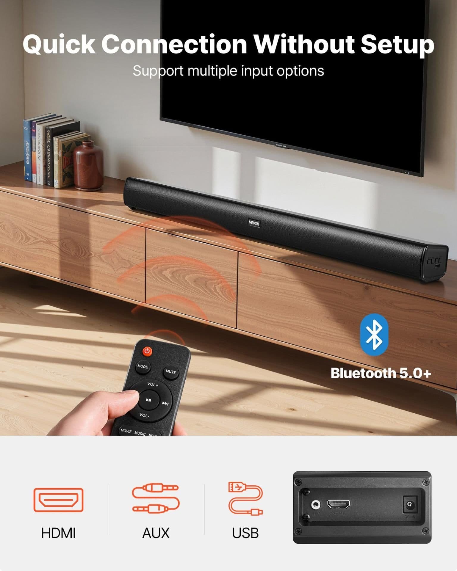 image-VEVOR Sound Bar for Smart TV, 2.1 Channel, 35-Inch Compact Soundbar TV Speakers with Built-In Subwoofer for Projector, Bluetooth AUX Connection, Easy Setup, 120W Surround Sound System for Home Audio