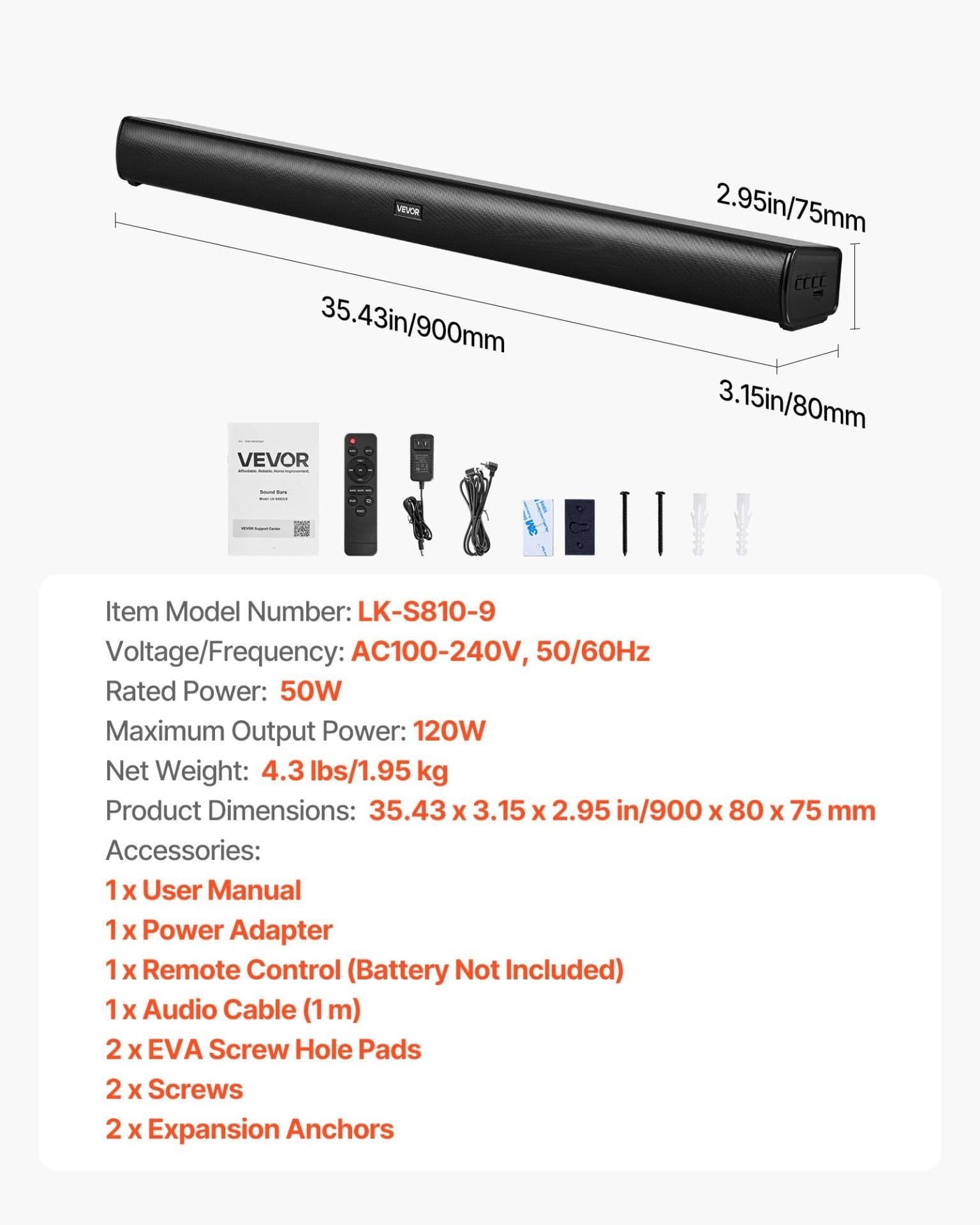 image-VEVOR Sound Bar for Smart TV, 2.1 Channel, 35-Inch Compact Soundbar TV Speakers with Built-In Subwoofer for Projector, Bluetooth AUX Connection, Easy Setup, 120W Surround Sound System for Home Audio