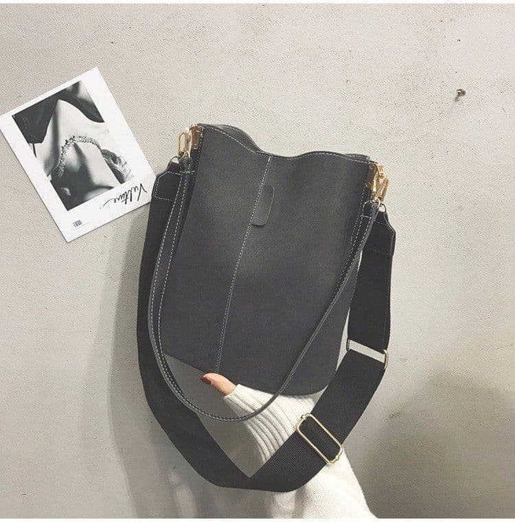 image-PU Bucket Bag Women Grey Large Capacity Shoulder
