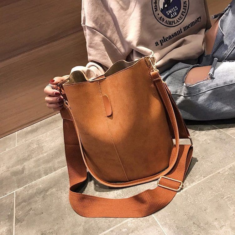 image-PU Bucket Bag Women Grey Large Capacity Shoulder