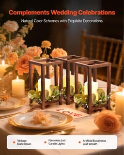 image-VEVOR 12 Set/36 Pcs Wooden Wedding Lantern Centerpiece, Includes 12 Wooden Lantern Candle Holder 12 Flameless LED Candle 12 Eucalyptus Leaves Wreath for Wedding Table Party Farmhouse Decor, Brown