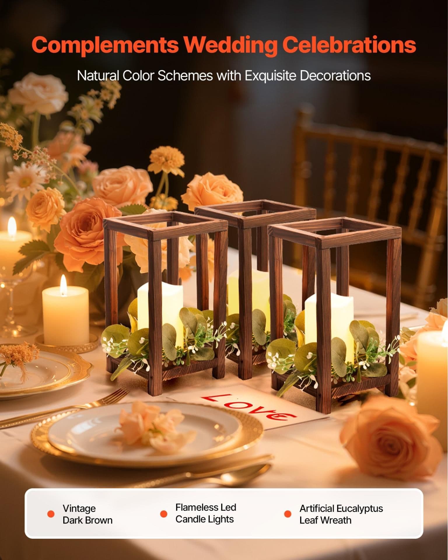 image-VEVOR 12 Set/36 Pcs Wooden Wedding Lantern Centerpiece, Includes 12 Wooden Lantern Candle Holder 12 Flameless LED Candle 12 Eucalyptus Leaves Wreath for Wedding Table Party Farmhouse Decor, Brown