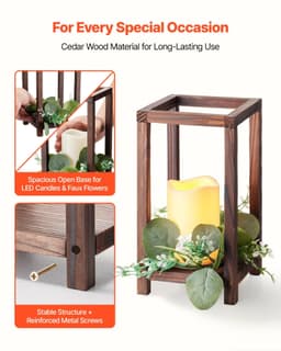 image-VEVOR 12 Set/36 Pcs Wooden Wedding Lantern Centerpiece, Includes 12 Wooden Lantern Candle Holder 12 Flameless LED Candle 12 Eucalyptus Leaves Wreath for Wedding Table Party Farmhouse Decor, Brown