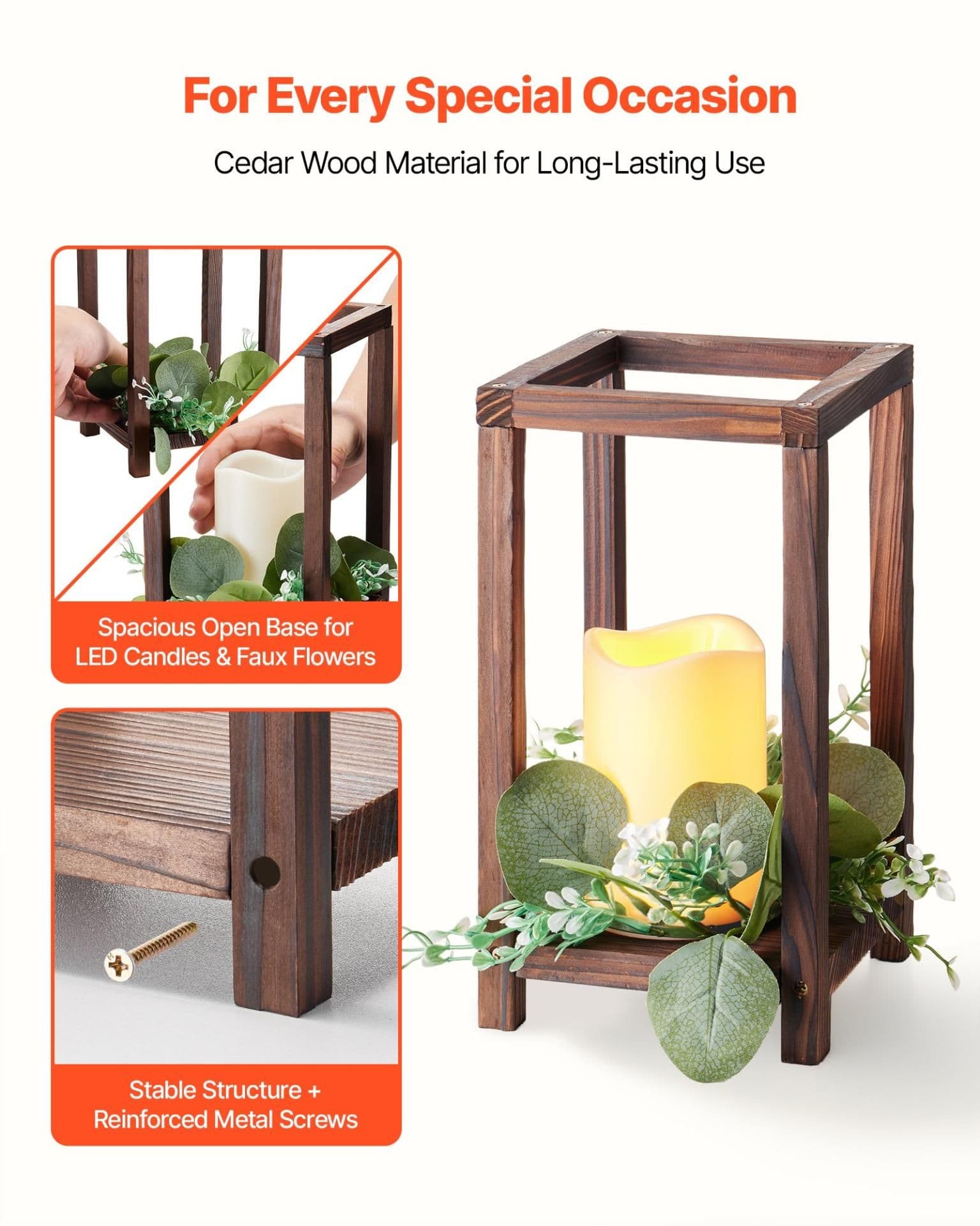 image-VEVOR 12 Set/36 Pcs Wooden Wedding Lantern Centerpiece, Includes 12 Wooden Lantern Candle Holder 12 Flameless LED Candle 12 Eucalyptus Leaves Wreath for Wedding Table Party Farmhouse Decor, Brown