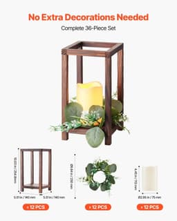 image-VEVOR 12 Set/36 Pcs Wooden Wedding Lantern Centerpiece, Includes 12 Wooden Lantern Candle Holder 12 Flameless LED Candle 12 Eucalyptus Leaves Wreath for Wedding Table Party Farmhouse Decor, Brown