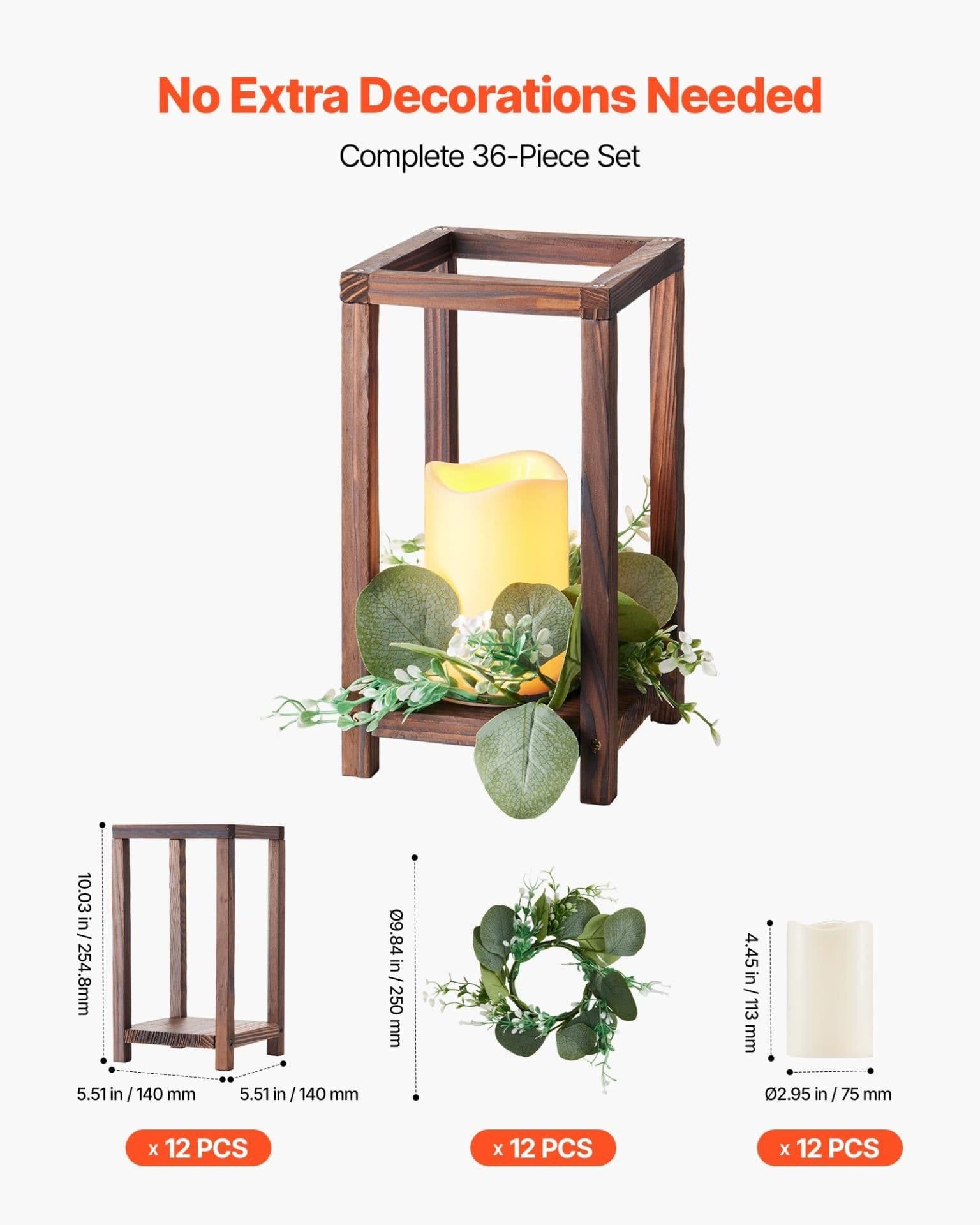 image-VEVOR 12 Set/36 Pcs Wooden Wedding Lantern Centerpiece, Includes 12 Wooden Lantern Candle Holder 12 Flameless LED Candle 12 Eucalyptus Leaves Wreath for Wedding Table Party Farmhouse Decor, Brown