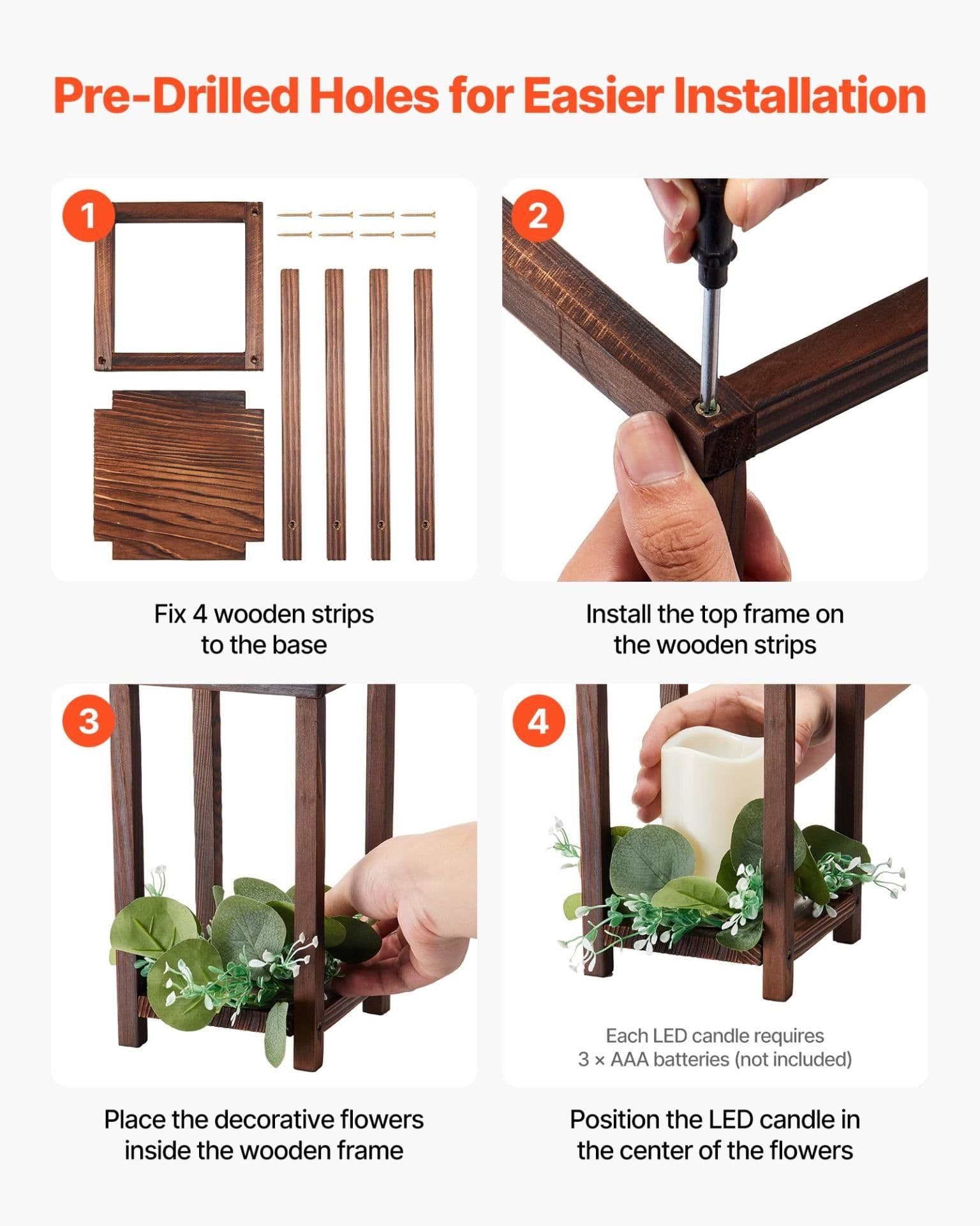 image-VEVOR 12 Set/36 Pcs Wooden Wedding Lantern Centerpiece, Includes 12 Wooden Lantern Candle Holder 12 Flameless LED Candle 12 Eucalyptus Leaves Wreath for Wedding Table Party Farmhouse Decor, Brown