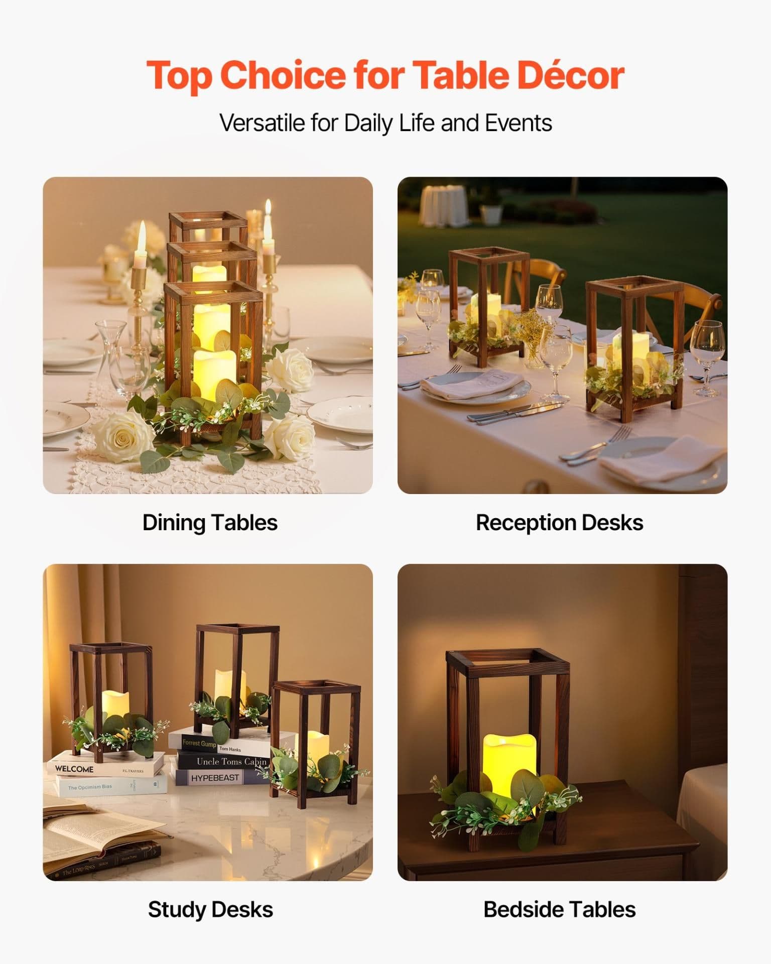 image-VEVOR 12 Set/36 Pcs Wooden Wedding Lantern Centerpiece, Includes 12 Wooden Lantern Candle Holder 12 Flameless LED Candle 12 Eucalyptus Leaves Wreath for Wedding Table Party Farmhouse Decor, Brown