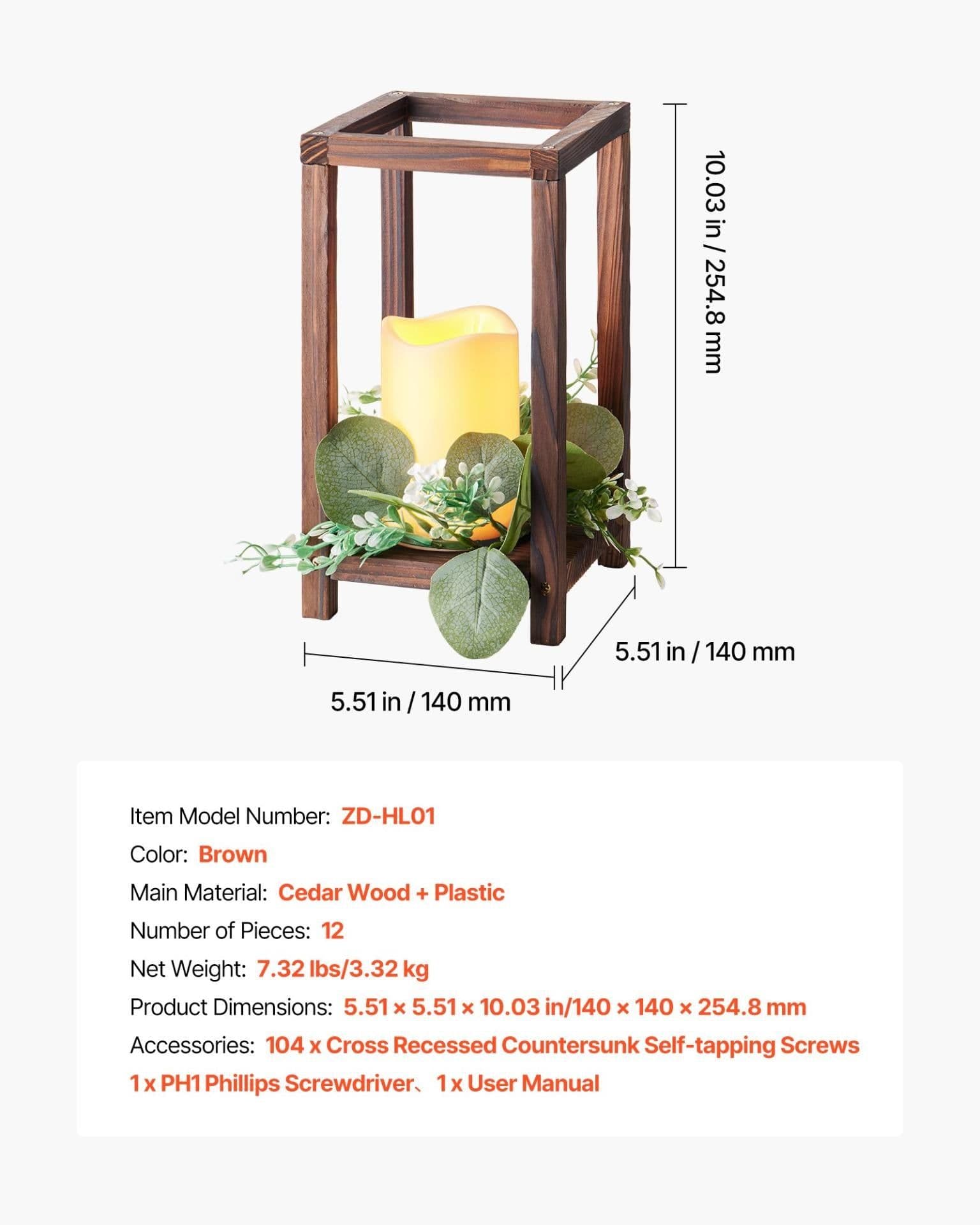 image-VEVOR 12 Set/36 Pcs Wooden Wedding Lantern Centerpiece, Includes 12 Wooden Lantern Candle Holder 12 Flameless LED Candle 12 Eucalyptus Leaves Wreath for Wedding Table Party Farmhouse Decor, Brown