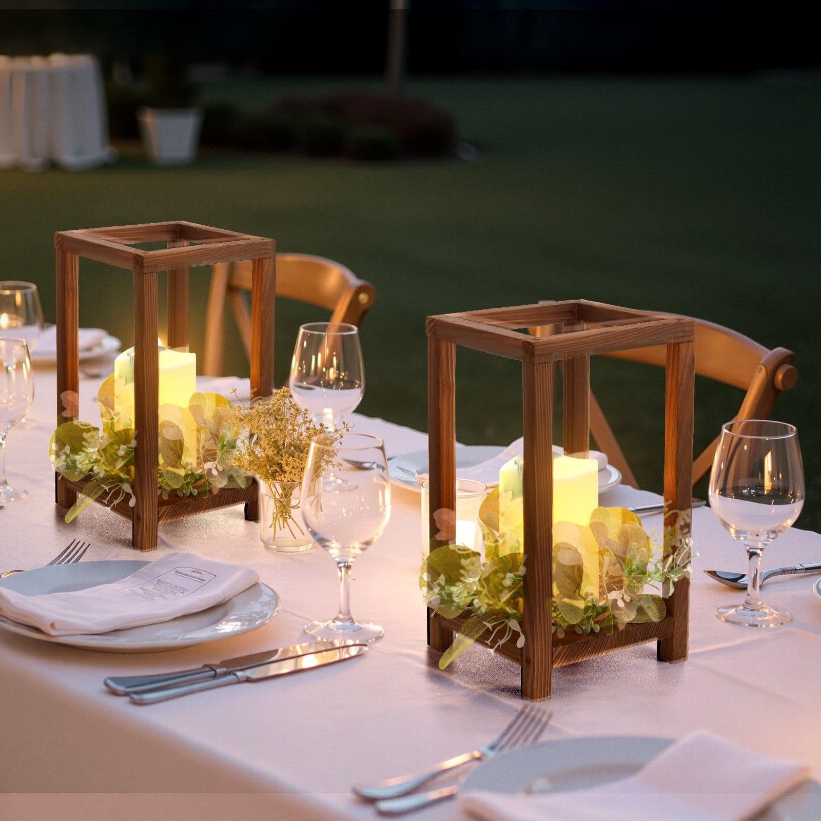 image-VEVOR 12 Set/36 Pcs Wooden Wedding Lantern Centerpiece, Includes 12 Wooden Lantern Candle Holder 12 Flameless LED Candle 12 Eucalyptus Leaves Wreath for Wedding Table Party Farmhouse Decor, Brown