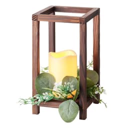 image-VEVOR 12 Set/36 Pcs Wooden Wedding Lantern Centerpiece, Includes 12 Wooden Lantern Candle Holder 12 Flameless LED Candle 12 Eucalyptus Leaves Wreath for Wedding Table Party Farmhouse Decor, Brown
