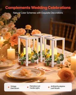 image-VEVOR 12 Set/36 Pcs Wooden Wedding Lantern Centerpiece, Includes 12 Wooden Lantern Candle Holder 12 Flameless LED Candle 12 Eucalyptus Leaves Wreath for Wedding Table Party Farmhouse Decor, White